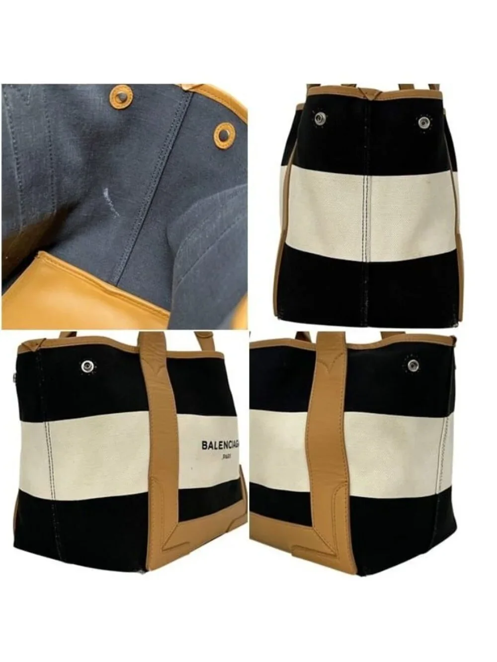 Balenciaga Tote Navy Cabas S Beige Black D Canvas Leather Border Handbag